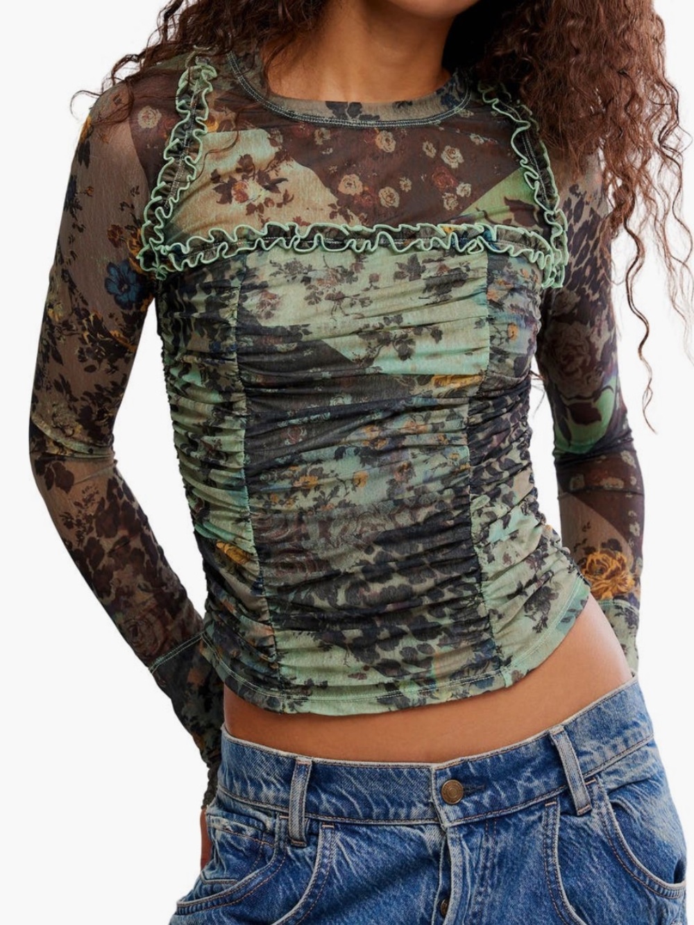 Free People Ariana Printed Shirred Mesh Top XL NWT